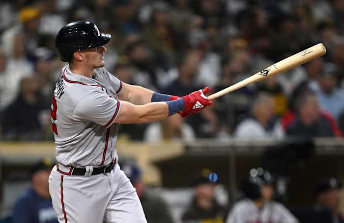 Apr 18, 2023; San Diego, California, USA; Atlanta Braves catcher Sean Murphy (12) watches his home run against the San Diego Padres during the fourth inning at Petco Park.